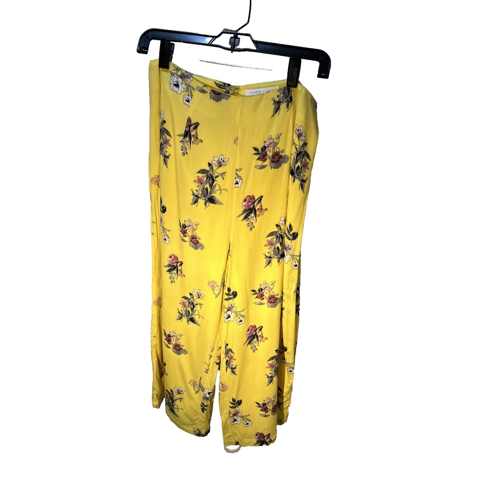 Etophe Studios Wide‑Leg Pants Size L Yellow Floral Rayon Lined Boho Flowy Dressy